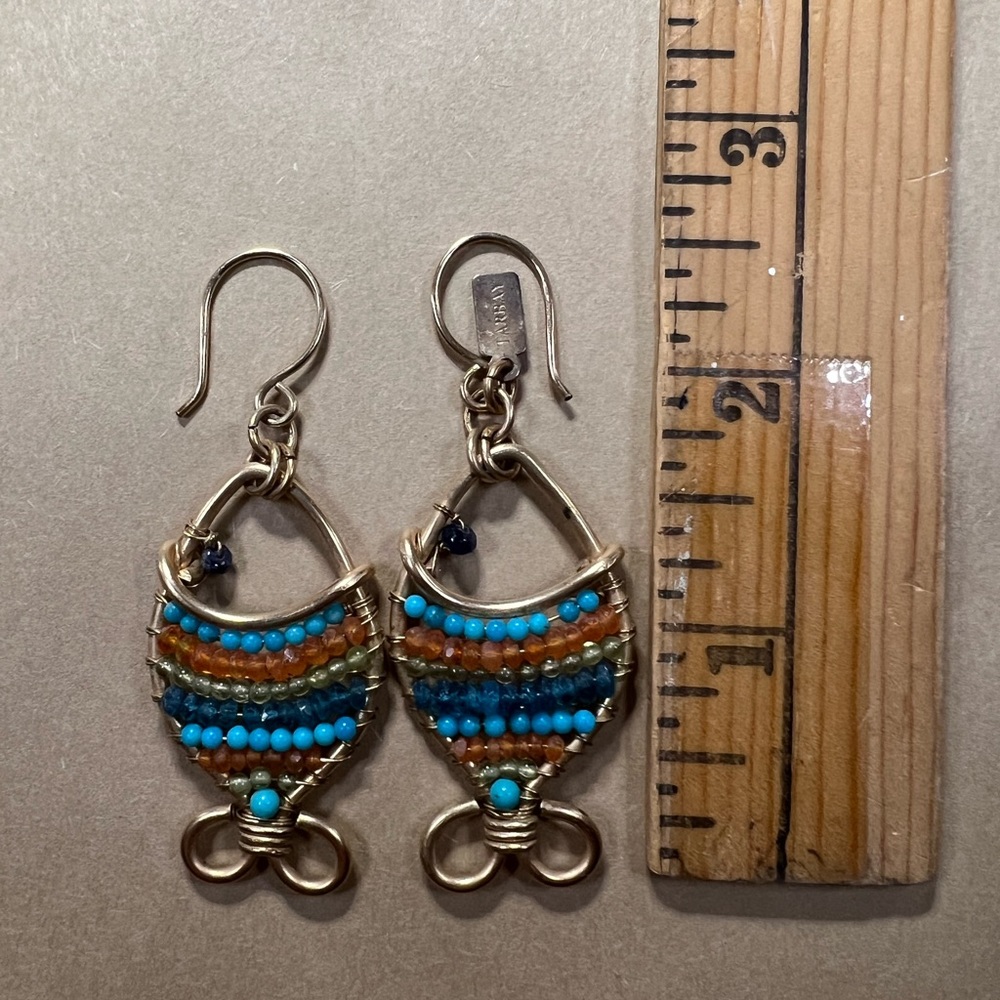 Tarbay Wired Gold Fish Earring with Semi Precious Stones.
